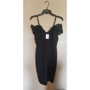 Black dress with off the shoulder lace sleeves